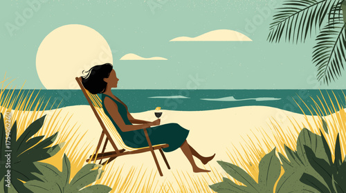 Woman in teal dress on a beach chair holding a drink facing the ocean with a large sun surrounded by tropical plants