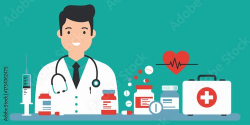 Medical professional with first aid kit, syringe, and pills in a healthcare setting