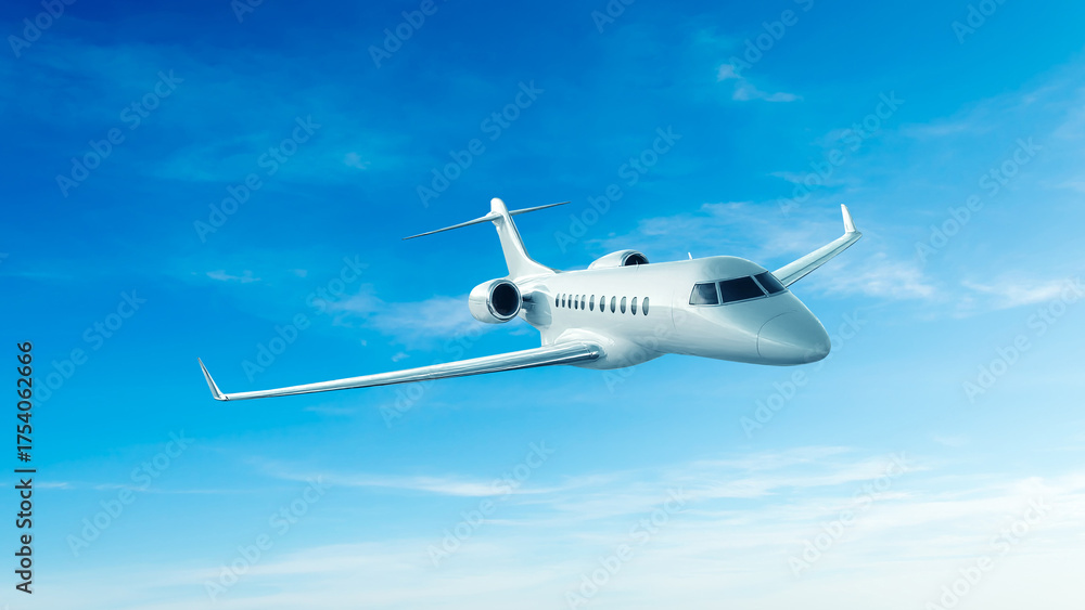Obraz premium White private jet airplane front view high angle flying in the blue sky background. Modern private jet airplane.