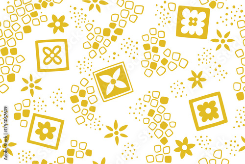 pattern featuring mustard yellow geometric squares, abstract flowers, and tiny dots. This playful, midcentury modern inspired design is perfect for fabric, wallpaper, branding, and digital background 