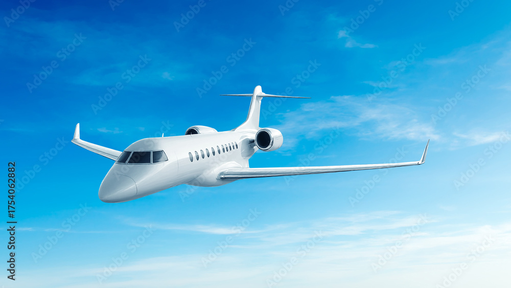 Obraz premium White private jet airplane front view high angle flying in the blue sky background. Modern private jet airplane.