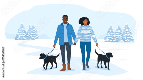 A couple and their two black dogs walk happily on a snowy path through a winter landscape