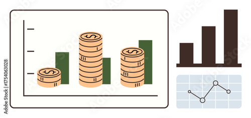 Coin stacks over bar chart, bar graph, and line graph highlight business growth, data trends, financial performance. Ideal for analytics, economy, success strategy progress research. Simple flat