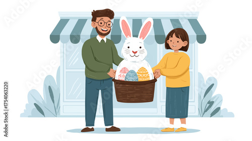 A man and woman hold a basket with a white rabbit and three Easter eggs outside a stripedawning shop