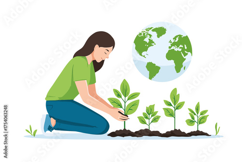 A person kneeling planting a small green plant in brown soil with three more plants and a green world map in a circle