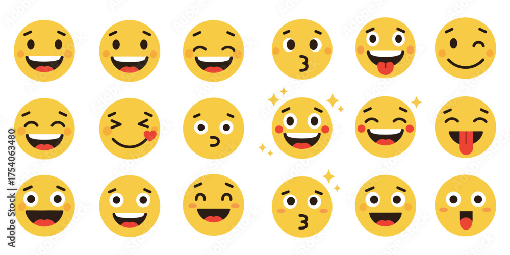 Obraz premium An assortment of expressive yellow emoji icons, featuring smiling, laughing, winking, and kissing faces, conveying a spectrum of human feelings for various design applications