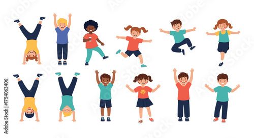 A diverse group of happy children engaging in various playful activities and exercises together outdoors.