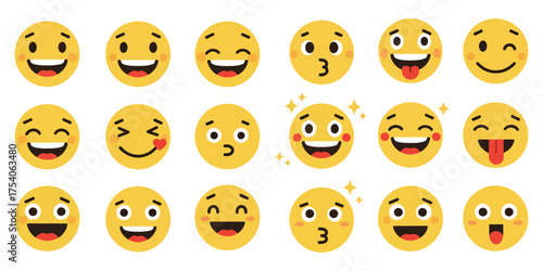 An assortment of expressive yellow emoji icons, featuring smiling, laughing, winking, and kissing faces, conveying a spectrum of human feelings for various design applications