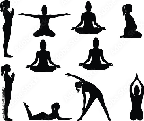 Diverse Yoga, Meditation, and Prenatal Poses SilhouettesDiverse Yoga, Meditation, and Prenatal Poses Silhouettes