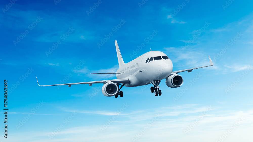 Fototapeta premium White airplane front view flying in the blue sky background. Modern passenger jet airplane.