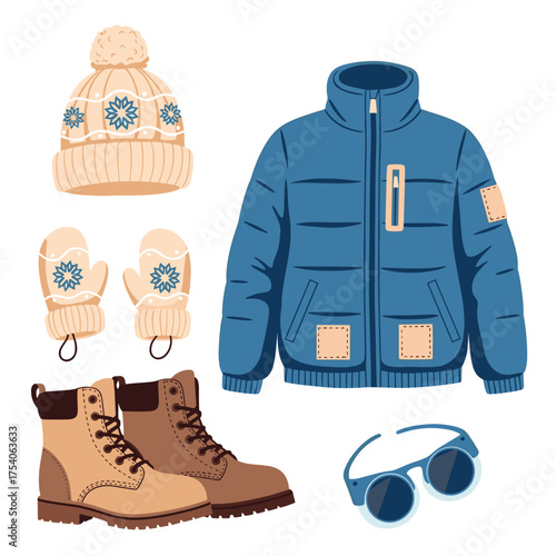 Essential warm clothing and accessories for a cold winter day.