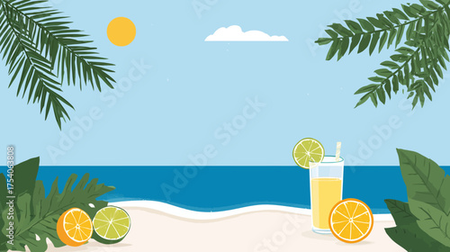 A vibrant cartoon beach scene with a glass of juice citrus fruits and palm leaves under a sunny sky