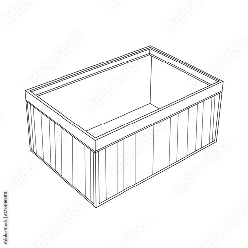 A detailed illustration of a rectangular storage bin with reinforced sides.