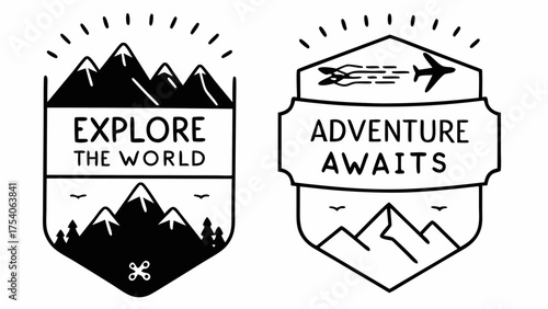 Two adventure themed badges with mountains, planes, and inspirational travel related messages in black and white on transparent background silhouette