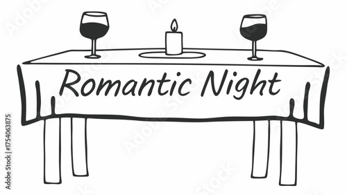 Illustration of a table set for a romantic dinner with wine glasses and a candle in black and white style on transparent background silhouette
