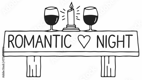 Illustration of a romantic night scene with wine glasses and candle on a table with text design element on transparent background silhouette