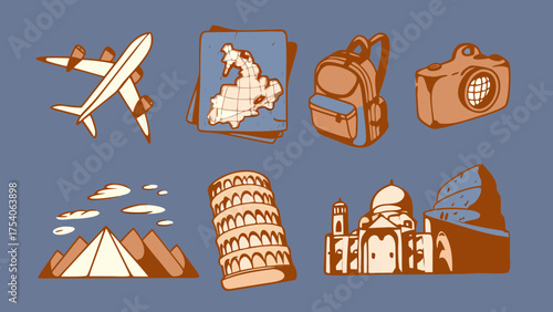 Cartoon travel icons featuring airplane, map, backpack, camera, pyramids, tower and mosque illustration on transparent background silhouette