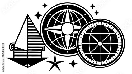 Illustration of a sailboat, compass rose, globe and stars in black and white nautical themed design style on transparent background silhouette