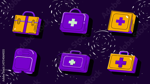 A collection of six stylized first aid kits in purple and yellow against a dark purple background with spirals on transparent background silhouette
