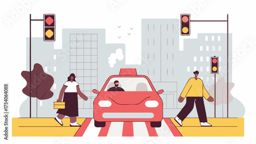 People crossing the street with a taxi waiting at the crosswalk near traffic lights in the city on transparent background silhouette