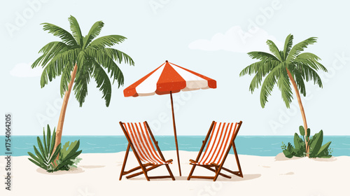 A vibrant illustration of a tropical beach with two palm trees two striped beach chairs and a red and white umbrella