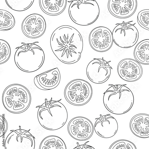 A seamless pattern of fresh tomato slices and whole fruits.