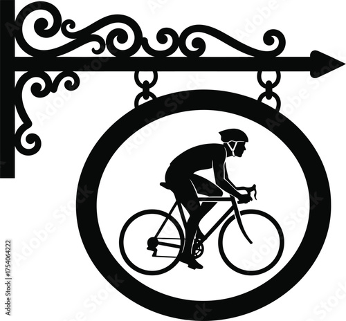 Vintage bicycle shop sign with cyclist silhouette, isolated on white background a classic symbol for cycling and bike repair