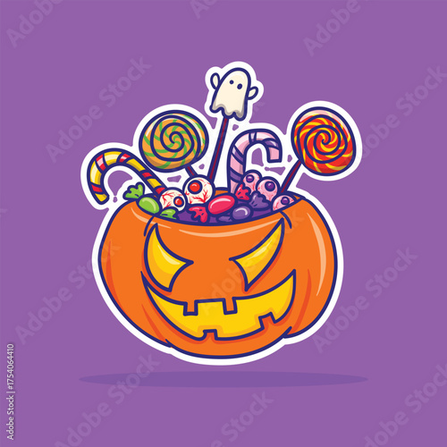 Cute Halloween Pumpkin bucket filled with colorful sweets and candies. For party flyers, stickers, packaging design, social media, and Halloween merchandise.