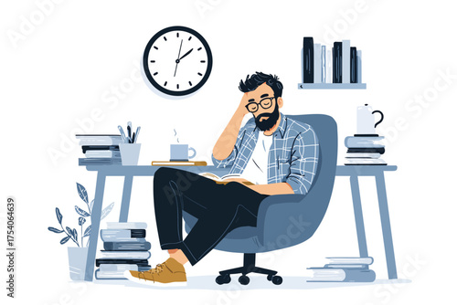 Bearded man reading a book at a desk surrounded by books a clock and hot drinks