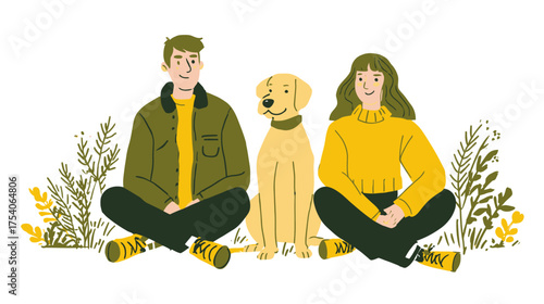 Cartoon illustration of a man woman and dog sitting on white ground with green and yellow plants