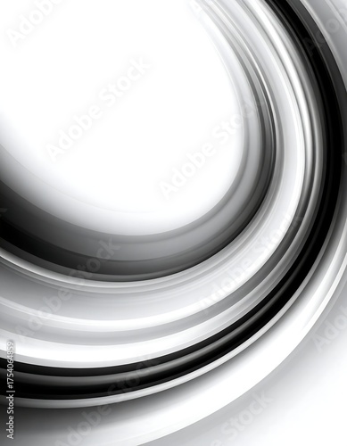 Abstract black and white swooshing lines curving around a bright white space