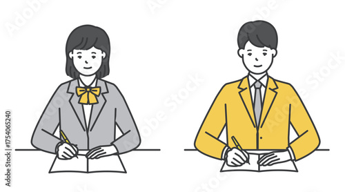 勉強をする制服姿の女子学生と男子学生のイラスト素材