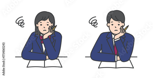 勉強をする制服姿の女子学生と男子学生のイラスト素材
