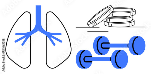 Lungs graphic, dumbbells, and stacked coins emphasizing health, exercise, wealth, and balance. Ideal for healthcare, fitness, economy wellness tips work-life balance lifestyle public health