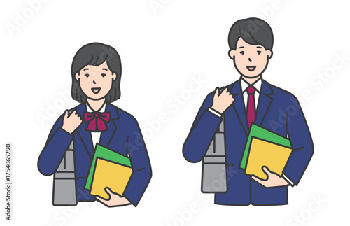 通学中の制服姿の女子学生と男子学生のイラスト素材