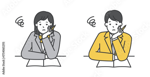 勉強をする制服姿の女子学生と男子学生のイラスト素材