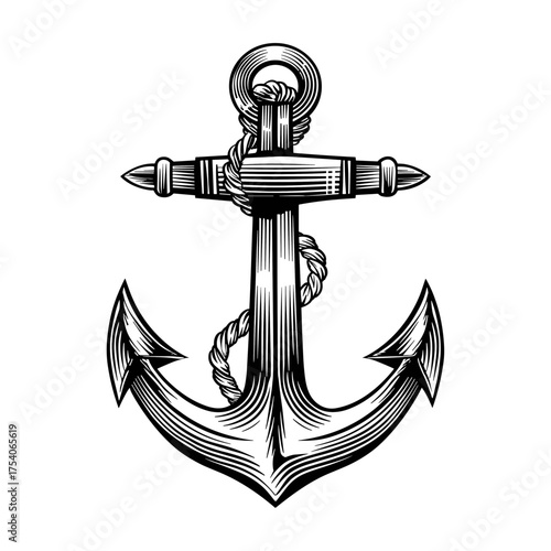 Detailed black and white vector illustration of an anchor with intricate line work, rope texture,