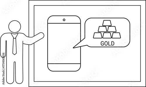Line art depicts a person gesturing toward a phone displaying gold bars