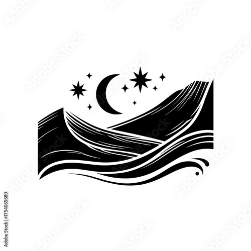 A monochromatic vector illustration featuring minimalist symmetrical design with stylized landscape, rolling hills,