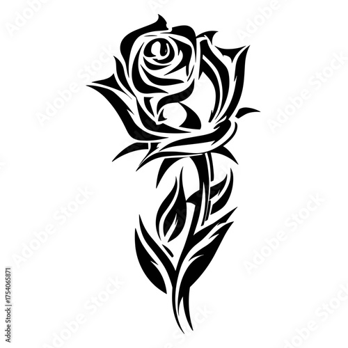 A black and white geometric rose with bold symmetrical tribal art patterns, conveying modern yet classic elegance,