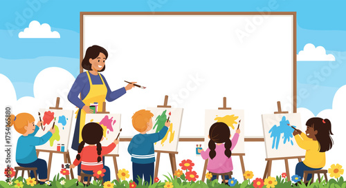 Young children enjoying an art class with their teacher in a grassy outdoor setting with flowers and a clear sky.
