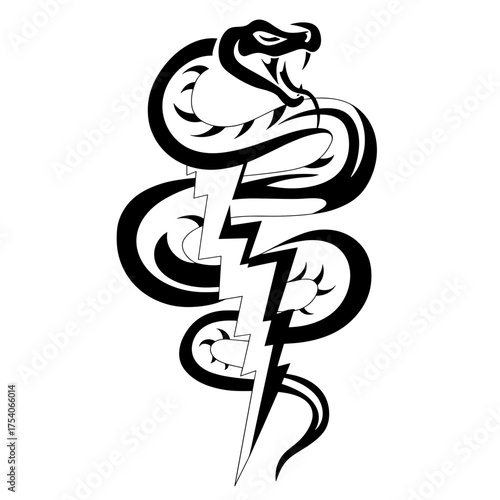 A bold tribal tattoo design featuring coiled snakes intertwined with lightning,