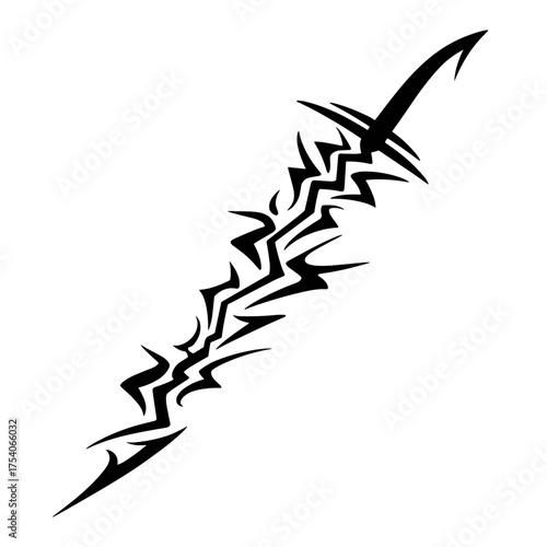 A tribal-style black and white vector illustration of a sword featuring intricate geometric patterns, sharp angles,