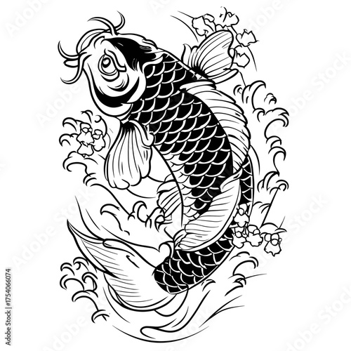 A detailed black and white vector illustration of a traditional Japanese koi fish tattoo,