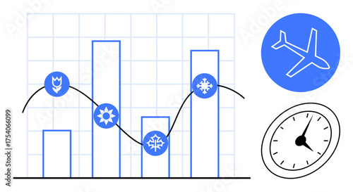 Bar graph with seasonal symbols, trend line, airplane and clock illustration. Ideal for data, travel, seasonality, aviation, business planning time management forecasting. Simple flat metaphor