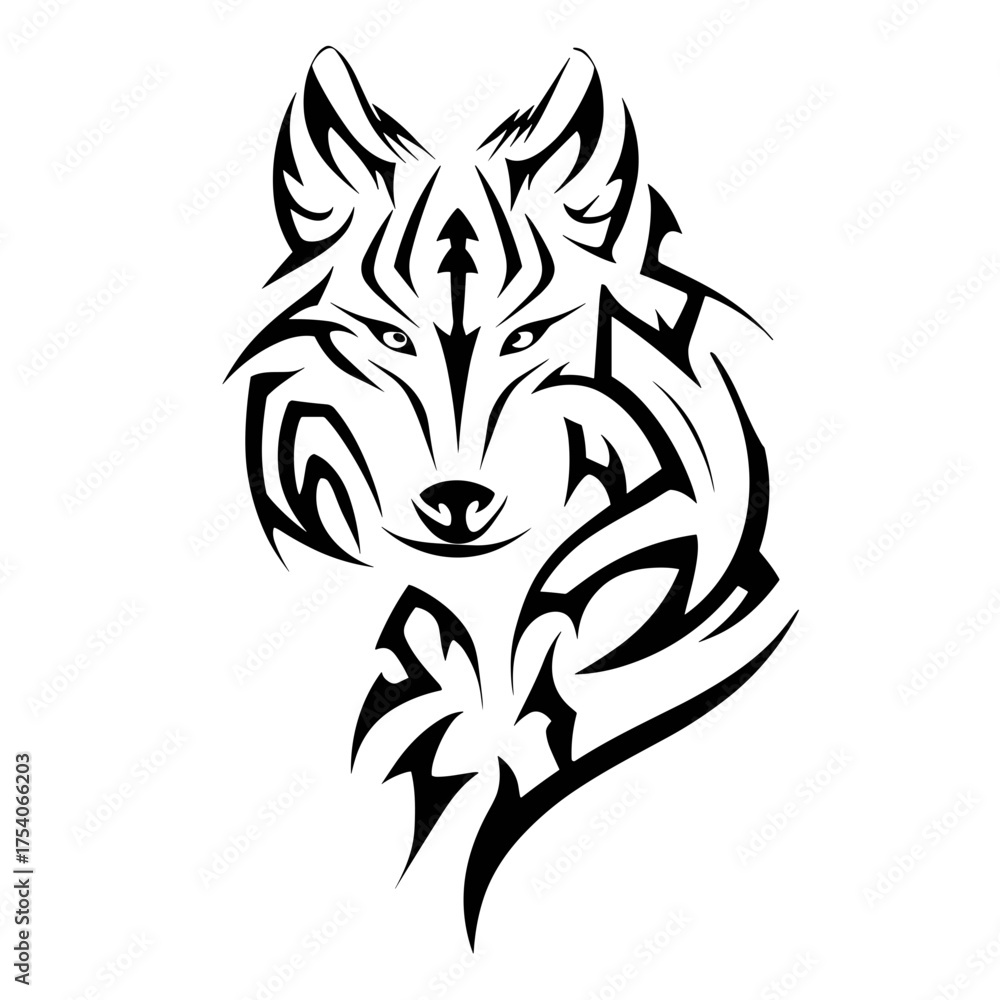 Fototapeta premium A bold tribal wolf tattoo design featuring sharp geometric lines and symmetrical patterns in striking black and white mi