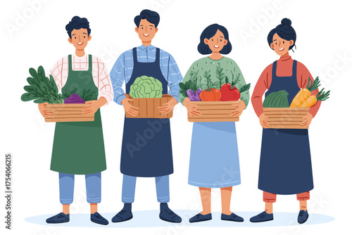 Four smiling individuals in aprons holding wooden crates overflowing with diverse fresh vegetables