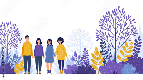 Four smiling people two holding hands stand amidst stylized purple and yellow plants and trees