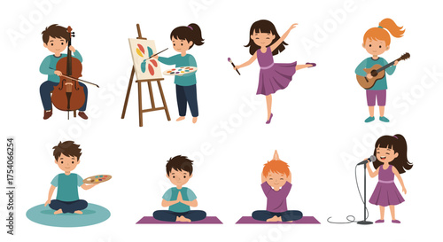 Children engaging in various artistic and physical activities to foster creativity and well-being.