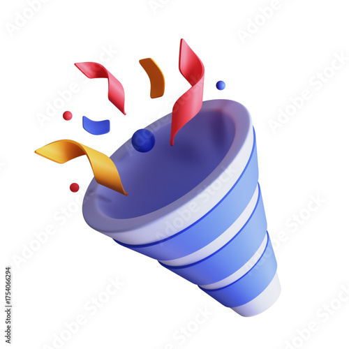 Celebration Popping Party Popper 3D Render of Festive Confetti Explosion for Joyful Occasions